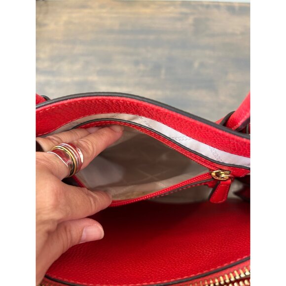 Michael Kors Mercer Red Coral Tan Leather Straw Purse Hand Bag Accordion - Picture 6 of 14